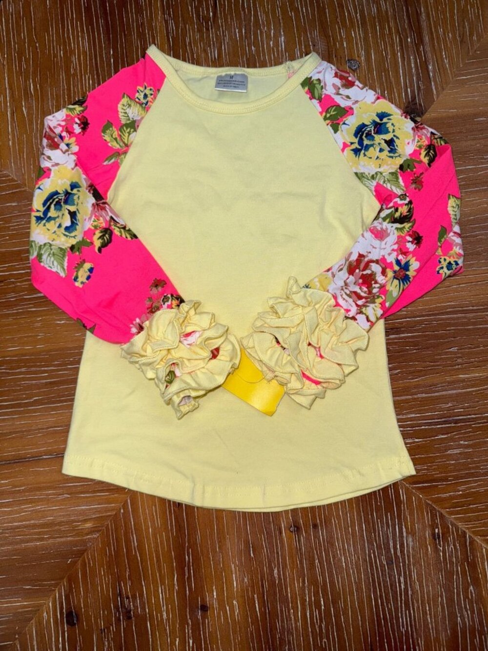 Yellow Long Sleeve Raglan Kids Top With Floral Pink Sleeves & Ruffle Cuffs 7/8 X